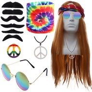11Pcs Hippie Costume Accessory Peace Sign Necklace Glasses Headbands Wig 60s 70s