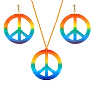 ❤Hippie Costume Jewerly Set 60s 70s Rainbow Peace Sign Pendant Necklace Earrings