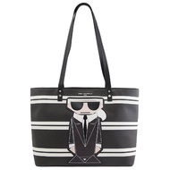 【KARL LAGERFELD 卡爾】新版老佛爺公仔橫條肩背托特包(黑)