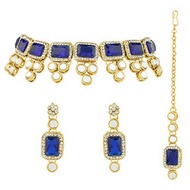 Aheli Ethnic Faux Blue Kundan Necklace Earrings Maang Tikka Indian Bollywood Jewellery Set for Women