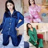 ┅■▽ DOUBLEPING【Ready Stock】Baju Tidur Perempuan Pajamas Set Womens Silk Long Sleeves Nightwear Murah Kain Satin