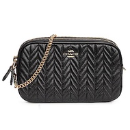 COACH 金屬馬車LOGO素面皺褶V字壓紋皮革金屬鏈帶雙層斜背包-黑色