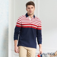 Nautica修身撞色條紋長袖POLO衫-深藍