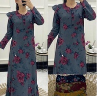 Gamis Bahan Kaos Diana Denim Motif Bunga