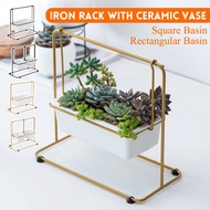 Garden Flower Pot Ceramic Succulent Planter Pots Iron Rack Geometric Swing Hanging Frame Ceramic Square Basin/Rectangular Vase