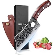 Huusk Chef Knives Hand Forged Meat Cleaver Butcher Knife for Meat Cutting Japanese Kitchen Knife Viking Boning Knife with Sheath and Gift Box Cooking Knife for Kitchen and Outdoor Camping BBQ, Grill
