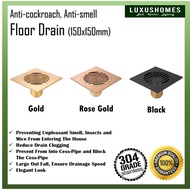 Floor Drain Circle-Shape 150x150mm Floor Trap (Gold, Rose Gold, Black) Anti Smell Anti Cockroach
