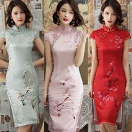 【double layer embroidered 】2021 new cheongsam Chinese style peach blossom eight button lace cheongsam medium length silk cheongsam