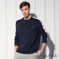 Nautica低調LOGO撞色拼接長袖T恤-深藍
