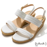 DIANA 5cm 質感牛皮一字帶環踝草編楔型涼鞋-牛奶糖