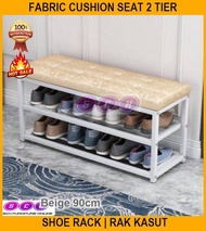 Fabric Cushion Seat 2 Tier Shoe Rack | Rak Kasut 2 Tingkat | Furniture Perabot | Kerusi Chair | Shop Kedai - Stainless Steel