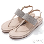 DIANA 2cm 羊紋閃耀水鑽飾平底T字涼鞋-浪漫夏日-米