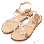 DIANA蜜兒透視感圓鑽牛皮2.2公分圓頭S勾繫帶涼鞋-夏日百搭-卡其