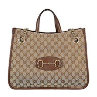 【GUCCI 古馳】GUCCI Horsebit 1955雙G LOGO馬銜釦設計緹花布釦式手提肩背包(藕粉)