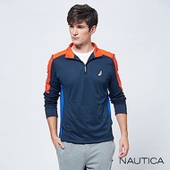 Nautica吸濕排汗立領長袖POLO衫-深藍