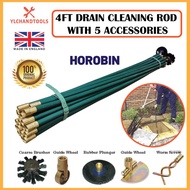 ''HOROBIN'' 4FT x 25 PIECE DRAIN CLEANING ROD WITH 5 ACCESSORIES - 1 SET ( MADE IN ENGLAND )