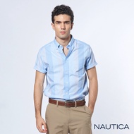 【NAUTICA】清新質感條紋短袖襯衫(藍)