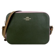 COACH 經典馬車LOGO拼色荔枝紋斜背/相機包(綠X粉)