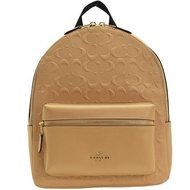 【COACH】奶茶色立體皮革浮雕LOGO中款後背包