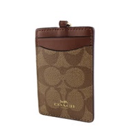 COACH 緹花LOGO防刮皮革識別證掛帶票卡夾-棕/焦糖色