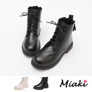 【Miaki】短靴.東大綁帶拉鍊低跟馬丁靴 (黑色/米色)