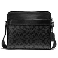 COACH 經典LOGO男用PVC拼接素面皮革拉鍊式方形斜背包-黑灰色