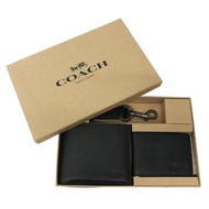 COACH 全牛皮男款8卡短夾附鑰匙圈活動證件夾禮盒(黑)