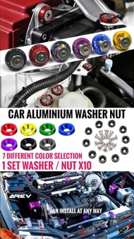 10PC Car Screw Nut Washer Security Aluminium JDM Style Engine Cover Bolt Billet Fender Bumper Washer Dress Up Kit Screw Car Bumper Lock Clip Axia Myvi Saga vvt BLM FLX Persona bezza iriz aruz viva kenari kelisa alza wira kancil