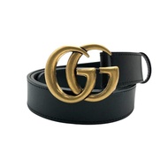 【GUCCI 古馳】仿舊金雙G logo滑面小牛皮腰帶/皮帶(414516-黑)