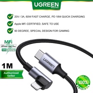 UGREEN MFi Certified 90 Degree Lightning to USB C Cable Right Angle 3A 20V PD 18W Ultra Fast Charge Quick Charge Sync Data Nylon Braided Wire Gaming Apple iPhone 13 12 Pro Max SE 11 XS XR X 8 7 6 iPad Air iPad Pro Macbook iOS