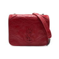 【YSL】NIKI系列金屬logo霧銀鍊牛皮翻蓋斜背包(583103 -紅)