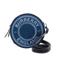 BURBERRY 新款雙色英文字母LOGO帆布拼皮革 Pocket圓餅包 (深藍色)