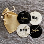 Personalised Customised Marble-Design Coaster PU Leather + Woven Bag - Gift/ Farewell/ Teacher's Day/ Christmas/ Birth