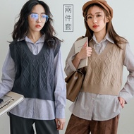 ★現折100↘$620★MIUSTAR 兩件式!V領麻花針織背心+直條紋襯衫(共3色)0119 預購【NH3562】