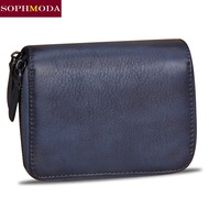 SOPHMODA Genuine Leather Wallet Card Holder Men Money Purse Coin Zipper Short Wallet Slim Purse Branded