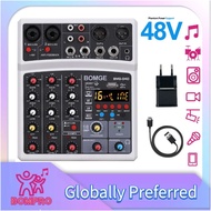 BOMGE 4 channel dj audio mixer console USB Bluetooth interface, stereo recording, 48V phantom power, 16 DSP effects