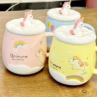 Large Capacity Cute Unicorn Ceramic Mug with Lid Spoon Coffee Cup Milk Cup for Breakfast Gift Christmas Ornament(Pink)