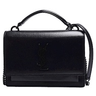 YSL SUNSET系列經典金屬黑色LOGO小牛皮鍊帶磁釦肩/斜背包(黑色)