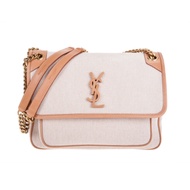 YSL 新款niki帆布皮革邊卡其字母LOGO中款肩背/斜背鍊帶包 (米色)