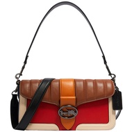 【COACH】橘紅x白x咖啡皮革鎖鏈x橢圓立體馬車LOGO肩背斜背酒神包