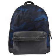 COACH 烙印LOGO牛皮拼接迷彩圖案尼龍大後背包(藍黑)