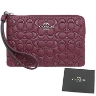 【COACH】勃根地酒紅皮革浮雕亮粉LOGO手拿包禮盒組