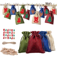 24pcs Christmas Countdown Calendar Drawstring Linen Christmas Advent Drawstring Gift Packaging Bag