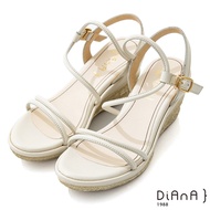 DIANA 8cm 質感牛皮幾何線條繞帶彈力S勾草編楔型涼鞋-簡約樂活-奶油白