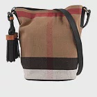 BURBERRY 格紋棉麻混紡斜背水桶包 (駝/黑)