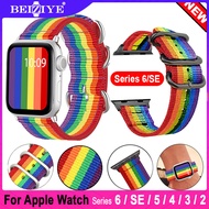 Newest Rainbow Nylon Strap สายนาฬิกาข้อมือ สำหรับ Apple Watch 6 5 SE Band 40mm 44mm Sport Nylon Loop Bracelet Belt Wrist band i Watch 3 2 1 42mm 38mm Watch Strap For apple watch Series 6/SE/5/4/3/2/1