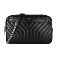 【YSL】YSL SAINT LAURENT JOAN燙金LOGO Y字縫線小牛皮拉鍊手提斜背相機包(黑)