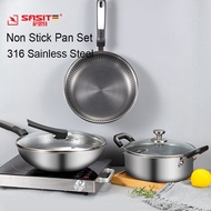 [ Ready Stock] Stainless Steel Cook Germany 316 SASITE 24cm/26cm/28cm/30cm/32cm 316 Stainless Steel Cookware Set of 3 Wok Soup Pot Frying Pan Set Stainless Steel Wok Pan Non Stick Pan Set Induction Cooker Pan Uncoated Wok Household Induction Wok Gas