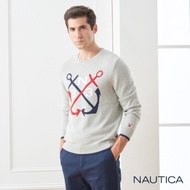 Nautica撞色船錨圖騰針織長袖毛衣-灰色