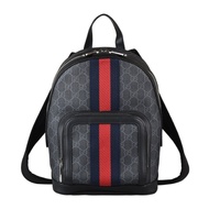 GUCCI 雙G印花LOGO藍紅藍織帶PVC拉鍊後背包(黑)